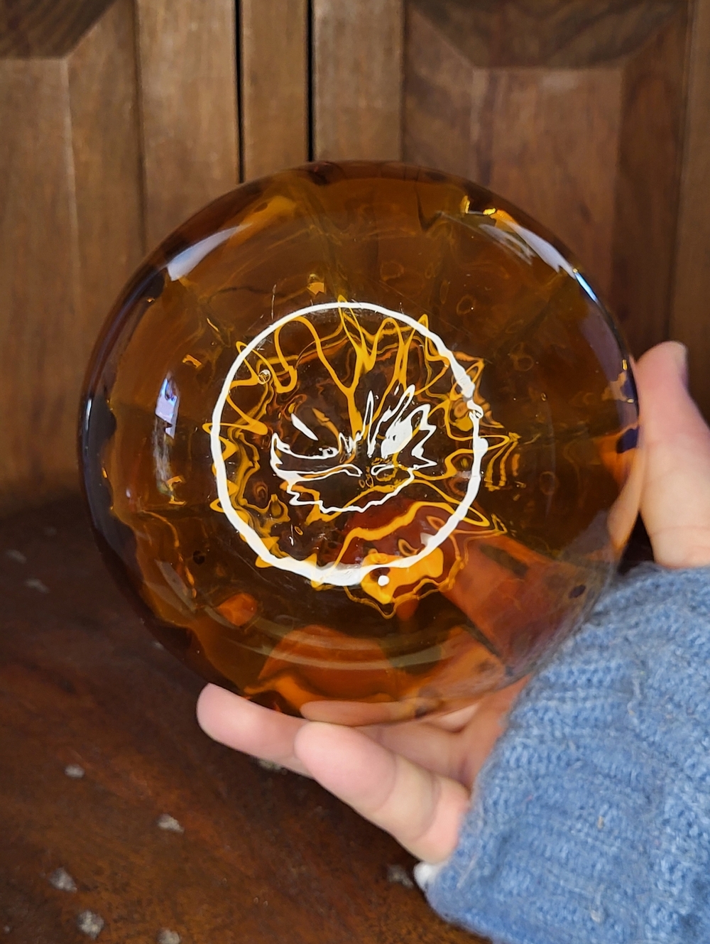 Hand-Blown Amber Glass Pumpkin Décor with Green Stem - Picture 9 of 11